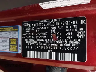 2020 Kia Sorento LX with VIN 5XYPGDA34LG680929, listed as a IAAI auction lot 42016179 with 34,733 mi miles and . Bid and sale history available at carsss.com. Image 9.
