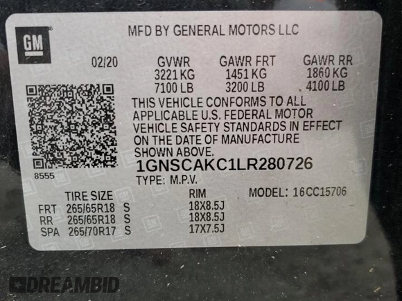 2020 Chevrolet Tahoe LS z VIN 1GNSCAKC1LR280726, wystawiony jako Copart lot #43128095 z przebiegiem 89 050 mil mil oraz Szkoda całkowita • Salvage title. Historia ofert i sprzedaży dostępna na DreamBid. Obrazek 14.