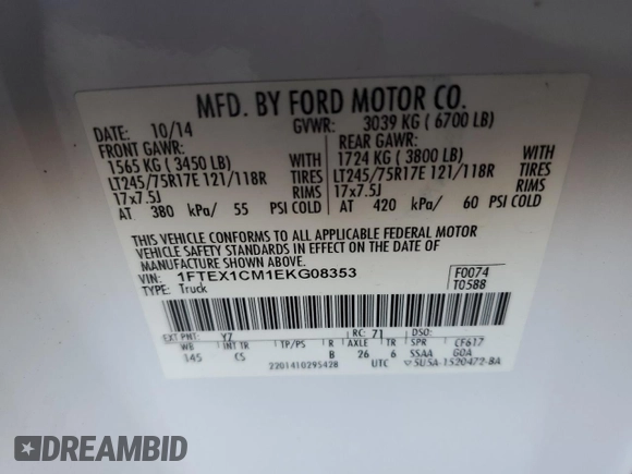 2014 Ford F-150 XL with VIN 1FTEX1CM1EKG08353, listed as a Copart auction lot 53927355 with 82,661 mi miles and Salvage Title. Bid and sale history available at carsss.com. Image 13.