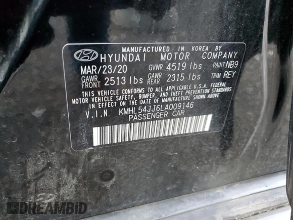 2020 Hyundai Sonata Hybrid Limited with VIN KMHL54JJ6LA009146, listed as a Copart auction lot 38169564 with Not Provided miles. Bid and sale history available at carsss.com. Image 13.