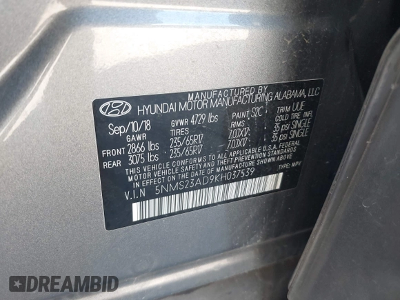 2019 Hyundai Santa Fe SE z VIN 5NMS23AD9KH037539, wystawiony jako IAAI lot #42221894 z przebiegiem 87 755 mil mil oraz . Historia ofert i sprzedaży dostępna na DreamBid. Obrazek 9.