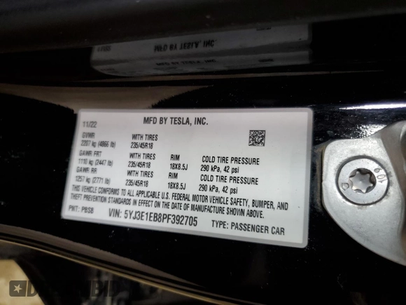 2023 Tesla Model 3 Long Range with VIN 5YJ3E1EB8PF392705, listed as a Copart auction lot 47595985 with 15,361 mi miles and Salvage Title. Bid and sale history available at DreamBid. Image 13.