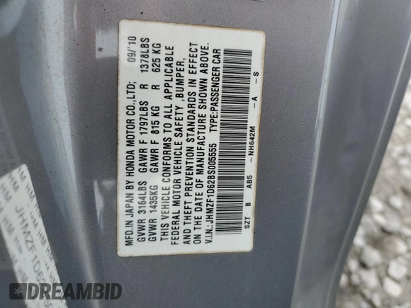 2011 Honda CR-Z EX with VIN JHMZF1D62BS005555, listed as a Copart auction lot 56309005 with 185,795 mi miles and Salvage title. Bid and sale history available at DreamBid. Image 12.