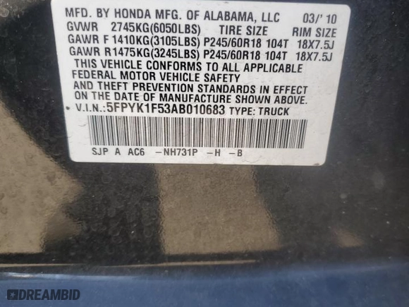 2010 Honda Ridgeline RTL with VIN 5FPYK1F53AB010683, listed as a Copart auction lot 42222215 with 136,816 mi miles and Salvage Title. Bid and sale history available at carsss.com. Image 12.