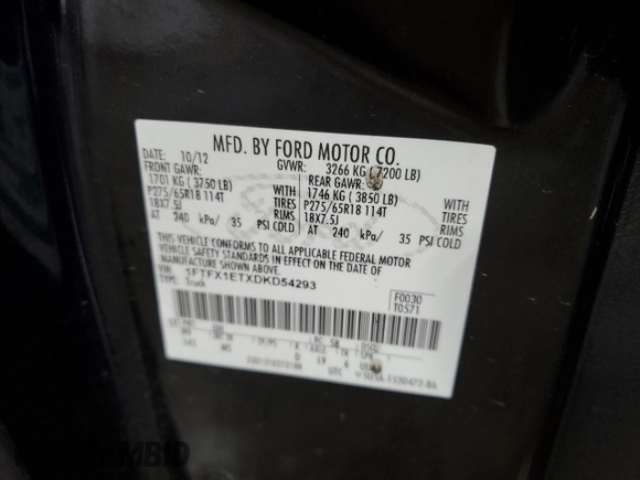 2013 Ford F-150 XL with VIN 1FTFX1ETXDKD54293, listed as a Copart auction lot 61966715 with 74,799 mi miles and Clean title. Bid and sale history available at DreamBid. Image 12.