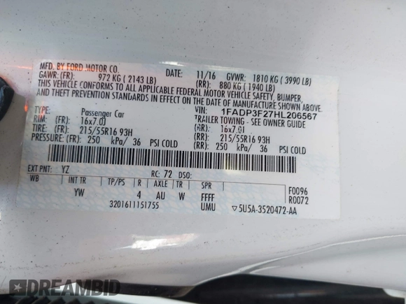 2017 Ford Focus SE with VIN 1FADP3F27HL206567, listed as a IAAI auction lot 42472315 with 155,614 mi miles and . Bid and sale history available at DreamBid. Image 9.