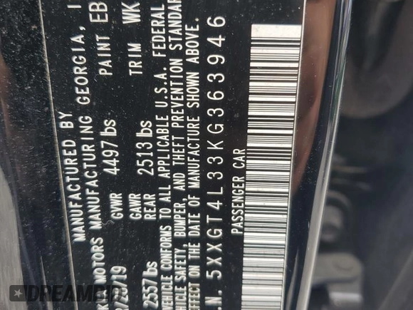 2019 Kia Optima LX with VIN 5XXGT4L33KG363946, listed as a Copart auction lot 57386055 with 41,886 mi miles and Salvage title. Bid and sale history available at DreamBid. Image 12.