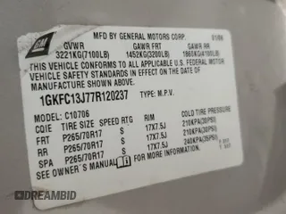 2007 GMC Yukon SLT with VIN 1GKFC13J77R120237, listed as a Copart auction lot 52671005 with 266,648 mi miles and Salvage Title. Bid and sale history available at carsss.com. Image 13.