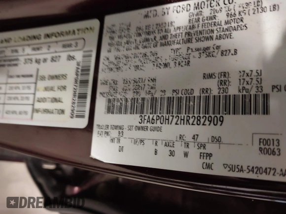 2017 Ford Fusion SE with VIN 3FA6P0H72HR282909, listed as a IAAI auction lot 41570558 with 122,444 mi miles. Bid and sale history available at carsss.com. Image 9.