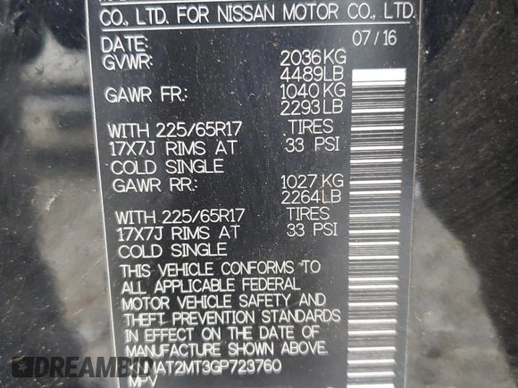 2016 Nissan Rogue S with VIN KNMAT2MT3GP723760, listed as a Copart auction lot 48951245 with 66,038 mi miles and Salvage Title. Bid and sale history available at DreamBid. Image 13.