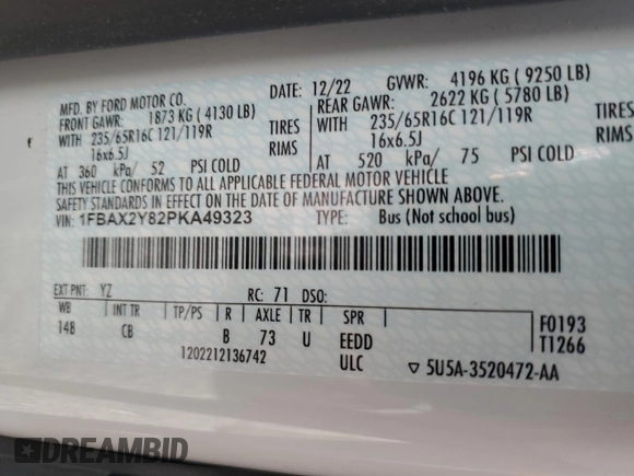 2023 Ford Transit Passenger XL с VIN 1FBAX2Y82PKA49323, выставлен на аукционе Copart как лот 54052765 с пробегом 54 768 миль миль и Чистый • Clean title. История ставок и продаж доступна на DreamBid. Изображение 13.