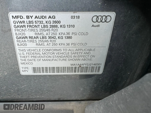 2018 Audi SQ5 Premium Plus with VIN WA1A4AFY2J2146301, listed as a Copart auction lot 74635834 with 123,389 mi miles and Clean Title. Bid and sale history available at DreamBid. Image 10.