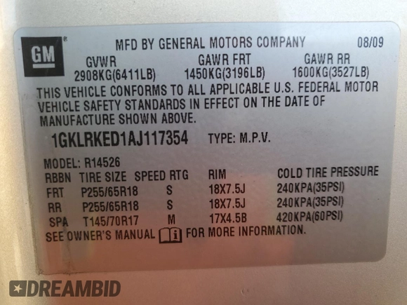 2010 GMC Acadia SL with VIN 1GKLRKED1AJ117354, listed as a Copart auction lot 48193475 with 0 mi miles and Non Repairable. Bid and sale history available at carsss.com. Image 13.