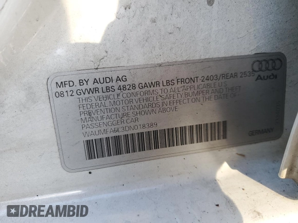 2013 Audi A4 Prestige with VIN WAUMFAFL3DN018389, listed as a Copart auction lot 80709084 with 74,353 mi miles and Salvage Title. Bid and sale history available at carsss.com. Image 12.