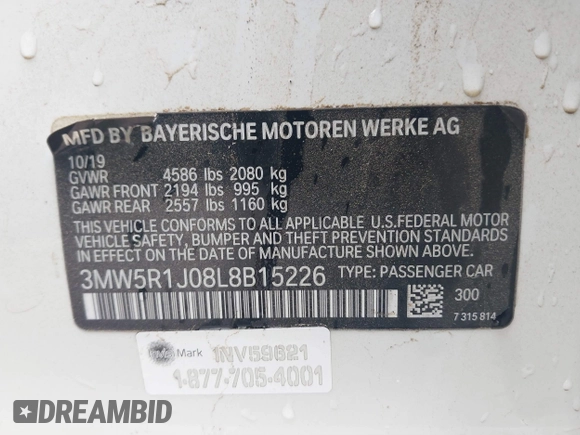 2020 BMW 3 Series 330i z VIN 3MW5R1J08L8B15226, wystawiony jako IAAI lot #41885915 z przebiegiem 75 347 mil mil oraz . Historia ofert i sprzedaży dostępna na DreamBid. Obrazek 9.