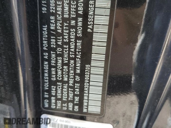 2013 Volkswagen Eos Komfort with VIN WVWBW8AH3DV003705, listed as a Copart auction lot 75803184 with Not Provided miles and Salvage Title. Bid and sale history available at DreamBid. Image 12.