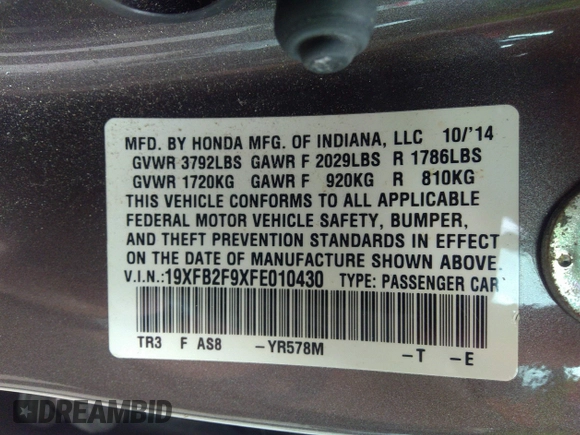 2015 Honda Civic Sedan EX-L with VIN 19XFB2F9XFE010430, listed as a IAAI auction lot 37841925 with 151,009 mi miles. Bid and sale history available at carsss.com. Image 9.
