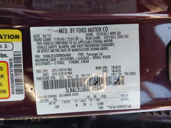2013 Lincoln MKZ Hybrid с VIN 3LN6L2LU0DR826408, выставлен на аукционе IAAI как лот 42721880 с пробегом 169 275 миль миль и . История ставок и продаж доступна на DreamBid. Изображение 9.