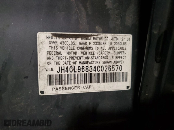 2004 Acura TSX with VIN JH4CL96834C026570, listed as a Copart auction lot 57438495 with 195,187 mi miles and Salvage title. Bid and sale history available at DreamBid. Image 12.