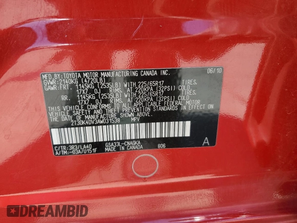 2010 Toyota RAV4 Limited with VIN 2T3DK4DV3AW031538, listed as a Copart auction lot 63280435 with 145,456 mi miles and Salvage title. Bid and sale history available at DreamBid. Image 13.