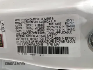 2021 Acura RDX Technology with VIN 5J8TC1H57ML017653, listed as a Copart auction lot 88155785 with 29,536 mi miles and Salvage title. Bid and sale history available at DreamBid. Image 13.