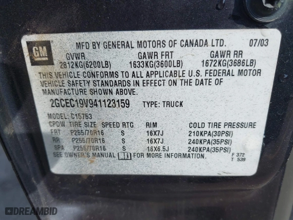 2004 Chevrolet Silverado 1500 Work Truck with VIN 2GCEC19V941123159, listed as a IAAI auction lot 41419477 with 171,449 mi miles. Bid and sale history available at carsss.com. Image 9.