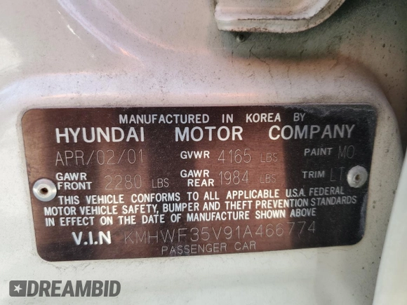 2001 Hyundai Sonata GLS with VIN KMHWF35V91A466774, listed as a Copart auction lot 48985565 with 98,648 mi miles and Clean Title. Bid and sale history available at carsss.com. Image 12.