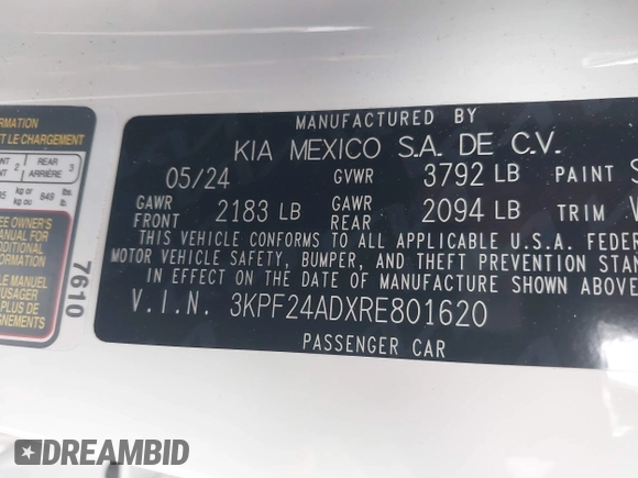 2024 Kia Forte LXS with VIN 3KPF24ADXRE801620, listed as a IAAI auction lot 41861531 with 1,786 mi miles. Bid and sale history available at carsss.com. Image 9.