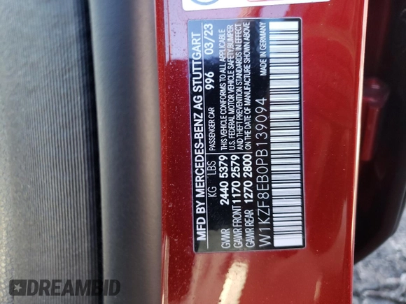 2023 Mercedes-Benz E 350 with VIN W1KZF8EB0PB139094, listed as a Copart auction lot 46427445 with 21,303 mi miles and Salvage Title. Bid and sale history available at DreamBid. Image 12.