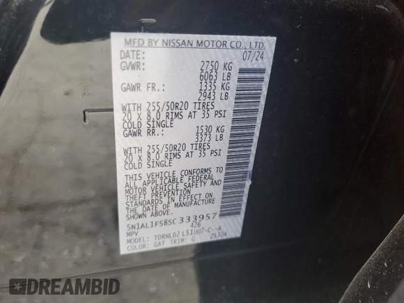 2025 Infiniti QX60 Luxe with VIN 5N1AL1FS8SC333957, listed as a Copart auction lot 57148515 with 22,624 mi miles and Salvage title. Bid and sale history available at DreamBid. Image 13.