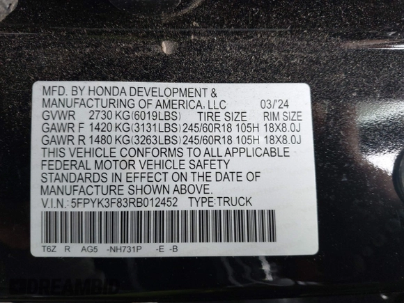 2024 Honda Ridgeline Black Edition with VIN 5FPYK3F83RB012452, listed as a IAAI auction lot 42422754 with 26,475 mi miles and . Bid and sale history available at DreamBid. Image 9.
