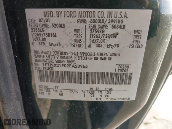 2002 Ford F-250 XL with VIN 1FTNX21F02EA20965, listed as a IAAI auction lot 41719804 with 271,969 mi miles and . Bid and sale history available at DreamBid. Image 9.