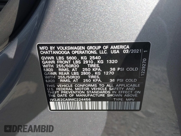 2021 Volkswagen Atlas SE with VIN 1V2JE2CA9MC224456, listed as a IAAI auction lot 41427604 with 24,803 mi miles and . Bid and sale history available at DreamBid. Image 9.