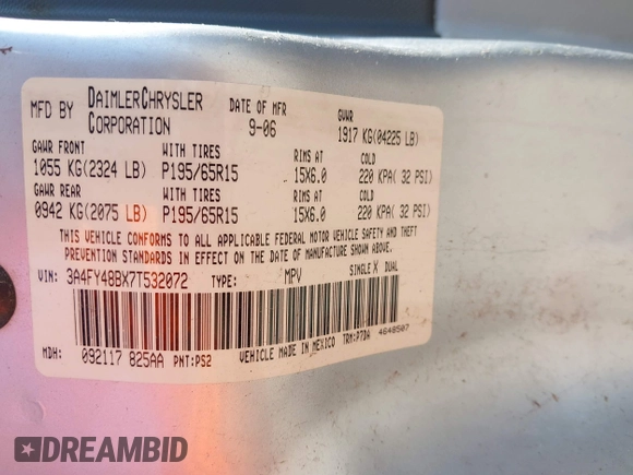 2007 Chrysler PT Cruiser with VIN 3A4FY48BX7T532072, listed as a IAAI auction lot 42689816 with Not provided miles and . Bid and sale history available at DreamBid. Image 9.
