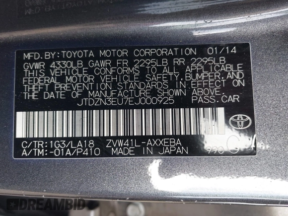2014 Toyota Prius Two with VIN JTDZN3EU7EJ000925, listed as a IAAI auction lot 41242260 with 109,388 mi miles and . Bid and sale history available at DreamBid. Image 9.