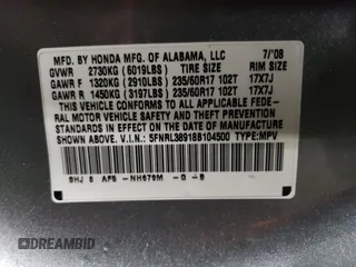 2008 Honda Odyssey Touring z VIN 5FNRL38918B104500, wystawiony jako Copart lot #47816145 z przebiegiem 262 179 mil mil oraz Szkoda całkowita • Salvage title. Historia ofert i sprzedaży dostępna na DreamBid. Obrazek 13.