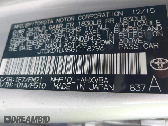 2016 Toyota Prius One z VIN JTDKDTB35G1118796, wystawiony jako IAAI lot #42028552 z przebiegiem 256 588 mil mil oraz . Historia ofert i sprzedaży dostępna na DreamBid. Obrazek 9.