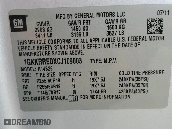 2012 GMC Acadia SLT1 z VIN 1GKKRREDXCJ109003, wystawiony jako Copart lot #52109105 z przebiegiem 200 482 mil mil oraz Szkoda całkowita • Salvage title. Historia ofert i sprzedaży dostępna na DreamBid. Obrazek 14.