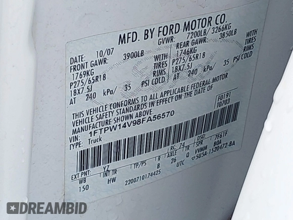 2008 Ford F-150 XLT with VIN 1FTPW14V98FA56570, listed as a IAAI auction lot 37633737 with Not provided miles and . Bid and sale history available at DreamBid. Image 9.