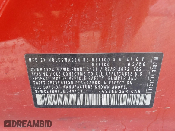 2020 Volkswagen Jetta S with VIN 3VWCB7BU9LM049468, listed as a IAAI auction lot 41965123 with 58,481 mi miles and . Bid and sale history available at DreamBid. Image 9.