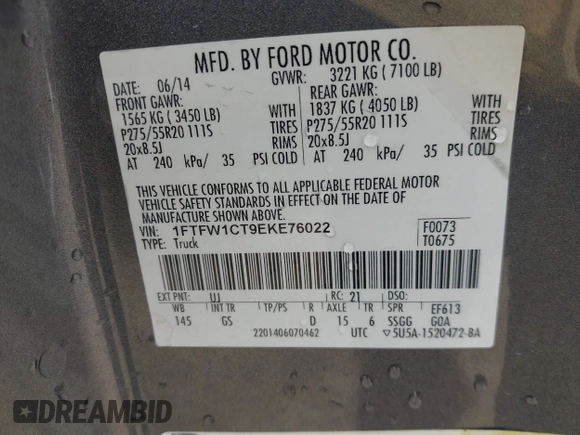 2014 Ford F-150 XL with VIN 1FTFW1CT9EKE76022, listed as a IAAI auction lot 42299751 with 187,740 mi miles and . Bid and sale history available at DreamBid. Image 9.