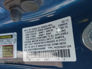 2012 Honda Civic Cpe EX with VIN 2HGFG3B83CH540485, listed as a IAAI auction lot 41813232 with 212,901 mi miles. Bid and sale history available at carsss.com. Image 9.