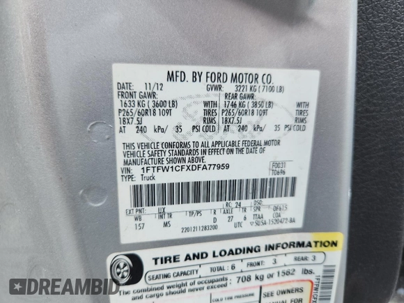 2013 Ford F-150 XL with VIN 1FTFW1CFXDFA77959, listed as a Copart auction lot 62317545 with 132,472 mi miles and Salvage title. Bid and sale history available at DreamBid. Image 12.