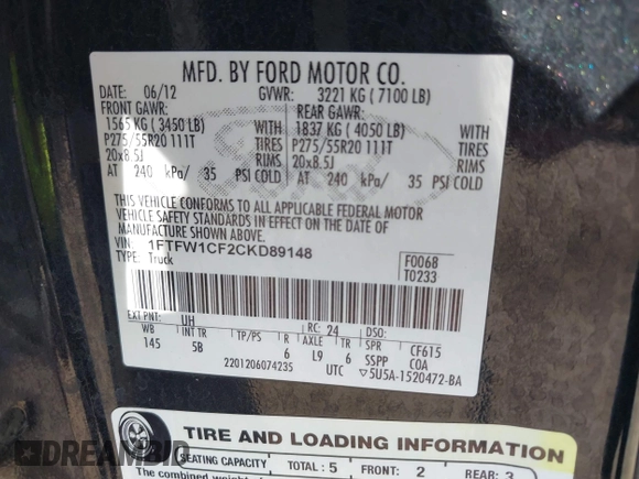 2012 Ford F-150 XL with VIN 1FTFW1CF2CKD89148, listed as a IAAI auction lot 41523799 with 171,216 mi miles. Bid and sale history available at carsss.com. Image 9.
