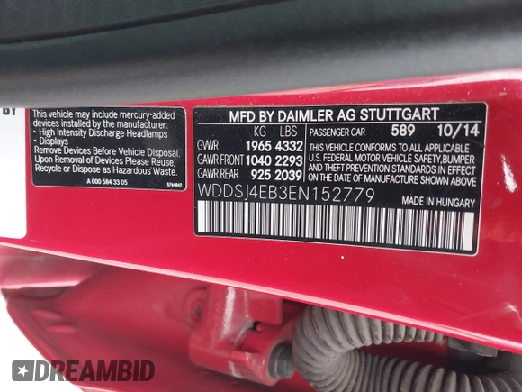 2014 Mercedes-Benz CLA 250 with VIN WDDSJ4EB3EN152779, listed as a IAAI auction lot 42068456 with Not provided miles and . Bid and sale history available at DreamBid. Image 9.