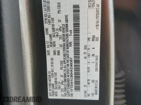 2017 Ford F-150 XL with VIN 1FTEW1C86HKD49367, listed as a Copart auction lot 62867715 with 107,896 mi miles and Salvage title. Bid and sale history available at DreamBid. Image 13.