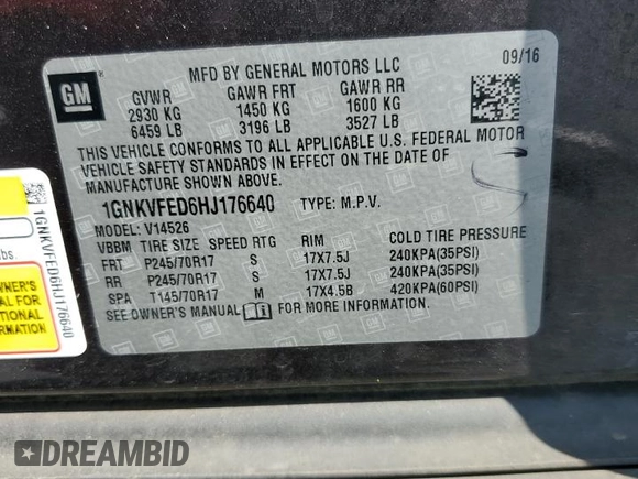 2017 Chevrolet Traverse LS с VIN 1GNKVFED6HJ176640, выставлен на аукционе Copart как лот 57057695 с пробегом Не указан миль и Списание • Salvage title. История ставок и продаж доступна на DreamBid. Изображение 13.