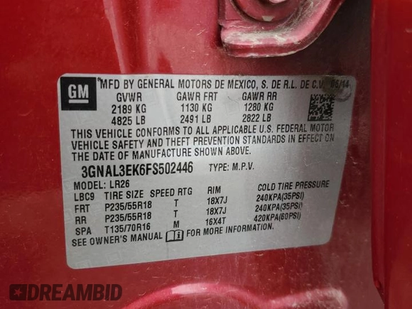 2015 Chevrolet Captiva Sport LT with VIN 3GNAL3EK6FS502446, listed as a Copart auction lot 55511705 with 187,748 mi miles and Clean Title. Bid and sale history available at carsss.com. Image 13.