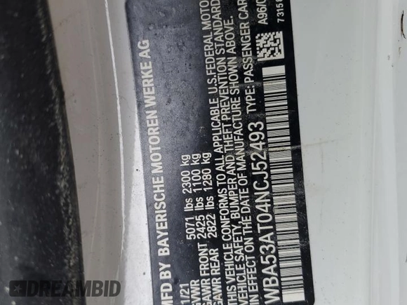 2022 BMW 4 Series M440i with VIN WBA53AT04NCJ52493, listed as a Copart auction lot 74673394 with Not provided miles and Non repairable. Bid and sale history available at DreamBid. Image 13.