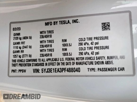 2023 Tesla Model 3 z VIN 5YJ3E1EA3PF488040, wystawiony jako Copart lot #52628165 z przebiegiem 22 326 mil mil oraz Czysty tytuł • Clean title. Historia ofert i sprzedaży dostępna na DreamBid. Obrazek 12.